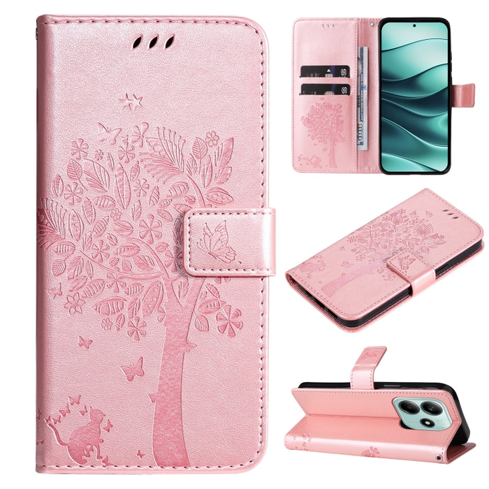 Funda de cuero con tapa para teléfono con estampado en relieve de árbol y gato, For Redmi A5 4G 173.3mm, For Redmi Note 14S 4G / Note 13 Pro 4G, For Redmi K80 / K80 Pro, For Redmi Note 14 4G Global 163.25mm, For Redmi Note 14 5G                        ...