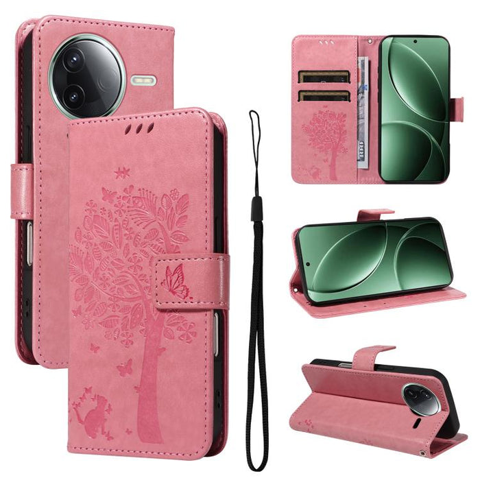 Funda de cuero con tapa para teléfono con estampado en relieve de árbol y gato, For Redmi A5 4G 173.3mm, For Redmi Note 14S 4G / Note 13 Pro 4G, For Redmi K80 / K80 Pro, For Redmi Note 14 4G Global 163.25mm, For Redmi Note 14 5G                        ...