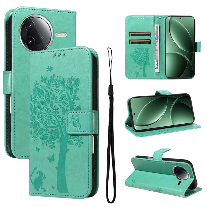 Funda de cuero con tapa para teléfono con estampado en relieve de árbol y gato, For Redmi A5 4G 173.3mm, For Redmi Note 14S 4G / Note 13 Pro 4G, For Redmi K80 / K80 Pro, For Redmi Note 14 4G Global 163.25mm, For Redmi Note 14 5G                        ...