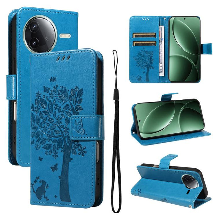 Funda de cuero con tapa para teléfono con estampado en relieve de árbol y gato, For Redmi A5 4G 173.3mm, For Redmi Note 14S 4G / Note 13 Pro 4G, For Redmi K80 / K80 Pro, For Redmi Note 14 4G Global 163.25mm, For Redmi Note 14 5G                        ...