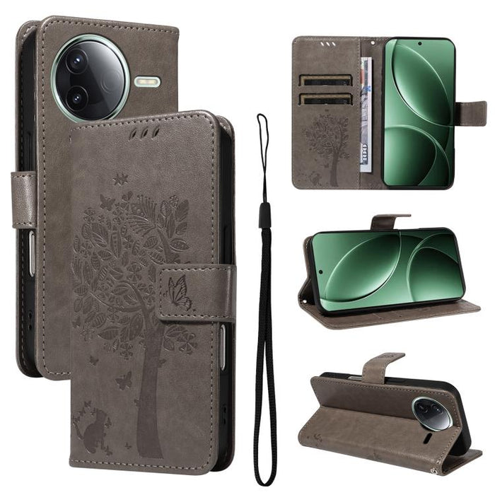 Funda de cuero con tapa para teléfono con estampado en relieve de árbol y gato, For Redmi A5 4G 173.3mm, For Redmi Note 14S 4G / Note 13 Pro 4G, For Redmi K80 / K80 Pro, For Redmi Note 14 4G Global 163.25mm, For Redmi Note 14 5G                        ...