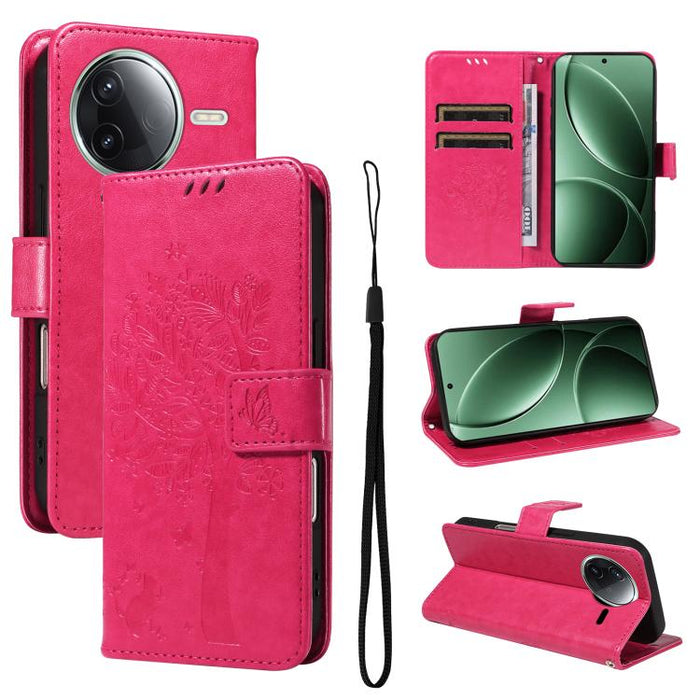 Funda de cuero con tapa para teléfono con estampado en relieve de árbol y gato, For Redmi A5 4G 173.3mm, For Redmi Note 14S 4G / Note 13 Pro 4G, For Redmi K80 / K80 Pro, For Redmi Note 14 4G Global 163.25mm, For Redmi Note 14 5G                        ...