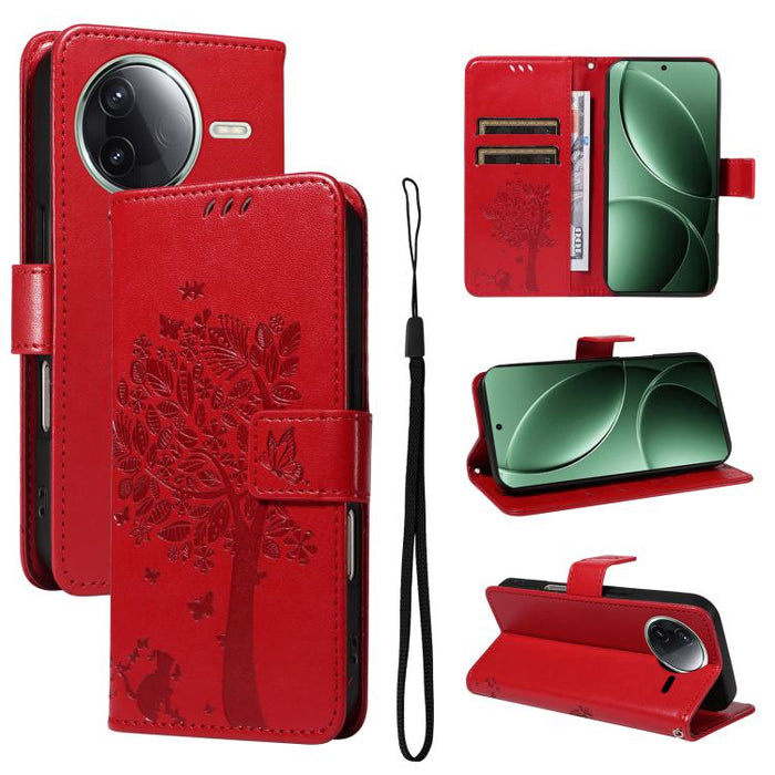 Funda de cuero con tapa para teléfono con estampado en relieve de árbol y gato, For Redmi A5 4G 173.3mm, For Redmi Note 14S 4G / Note 13 Pro 4G, For Redmi K80 / K80 Pro, For Redmi Note 14 4G Global 163.25mm, For Redmi Note 14 5G                        ...