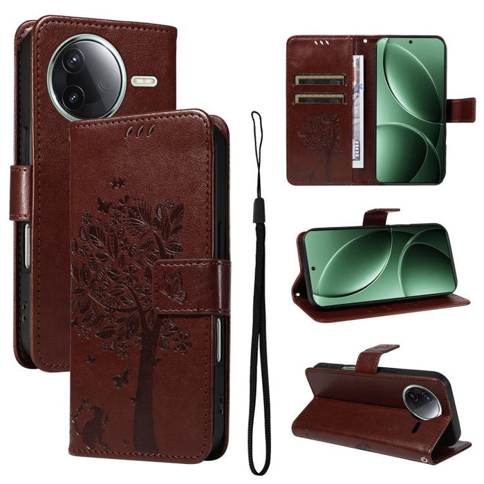 Funda de cuero con tapa para teléfono con estampado en relieve de árbol y gato, For Redmi A5 4G 173.3mm, For Redmi Note 14S 4G / Note 13 Pro 4G, For Redmi K80 / K80 Pro, For Redmi Note 14 4G Global 163.25mm, For Redmi Note 14 5G                        ...