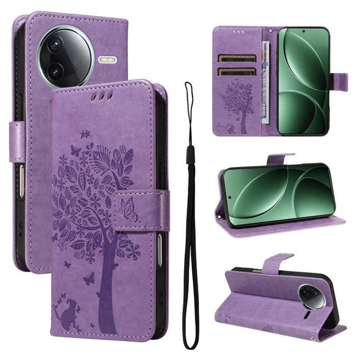 Funda de cuero con tapa para teléfono con estampado en relieve de árbol y gato, For Redmi A5 4G 173.3mm, For Redmi Note 14S 4G / Note 13 Pro 4G, For Redmi K80 / K80 Pro, For Redmi Note 14 4G Global 163.25mm, For Redmi Note 14 5G                        ...