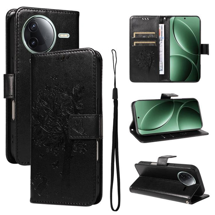 Funda de cuero con tapa para teléfono con estampado en relieve de árbol y gato, For Redmi A5 4G 173.3mm, For Redmi Note 14S 4G / Note 13 Pro 4G, For Redmi K80 / K80 Pro, For Redmi Note 14 4G Global 163.25mm, For Redmi Note 14 5G                        ...