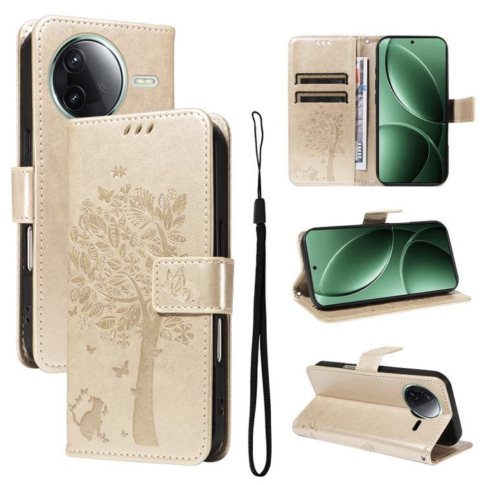 Funda de cuero con tapa para teléfono con estampado en relieve de árbol y gato, For Redmi A5 4G 173.3mm, For Redmi Note 14S 4G / Note 13 Pro 4G, For Redmi K80 / K80 Pro, For Redmi Note 14 4G Global 163.25mm, For Redmi Note 14 5G                        ...