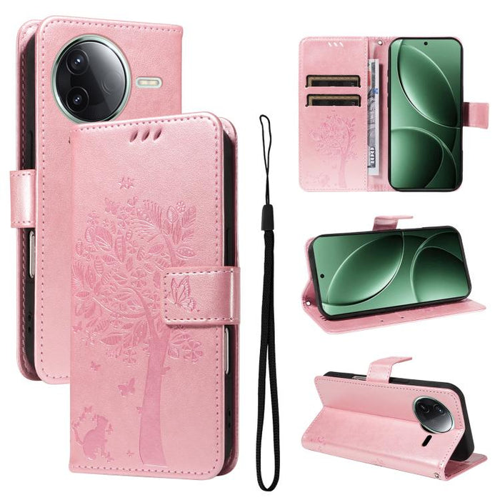 Funda de cuero con tapa para teléfono con estampado en relieve de árbol y gato, For Redmi A5 4G 173.3mm, For Redmi Note 14S 4G / Note 13 Pro 4G, For Redmi K80 / K80 Pro, For Redmi Note 14 4G Global 163.25mm, For Redmi Note 14 5G                        ...