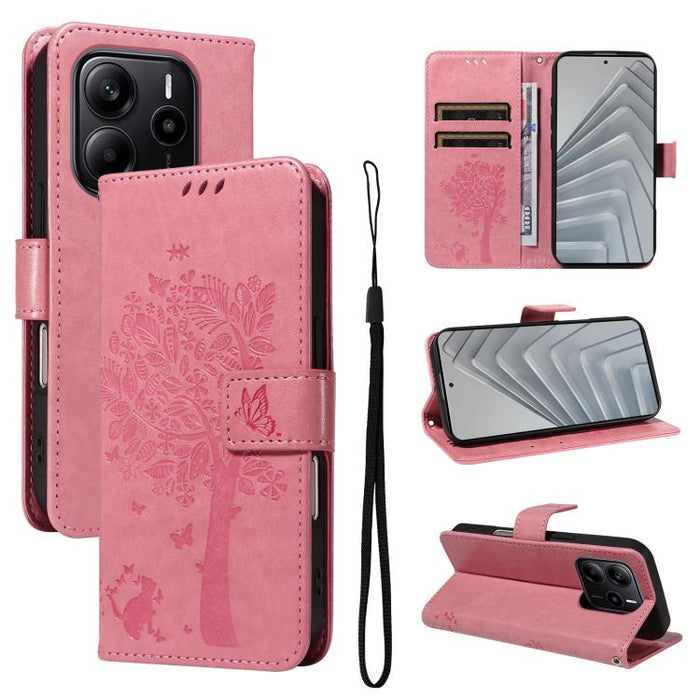 Funda de cuero con tapa para teléfono con estampado en relieve de árbol y gato, For Redmi A5 4G 173.3mm, For Redmi Note 14S 4G / Note 13 Pro 4G, For Redmi K80 / K80 Pro, For Redmi Note 14 4G Global 163.25mm, For Redmi Note 14 5G                        ...