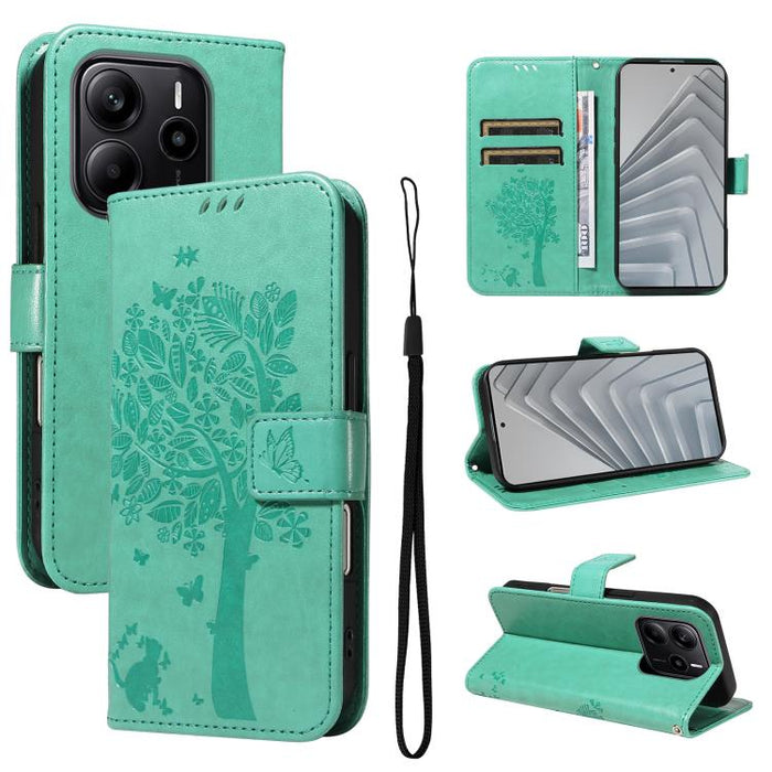 Funda de cuero con tapa para teléfono con estampado en relieve de árbol y gato, For Redmi A5 4G 173.3mm, For Redmi Note 14S 4G / Note 13 Pro 4G, For Redmi K80 / K80 Pro, For Redmi Note 14 4G Global 163.25mm, For Redmi Note 14 5G                        ...