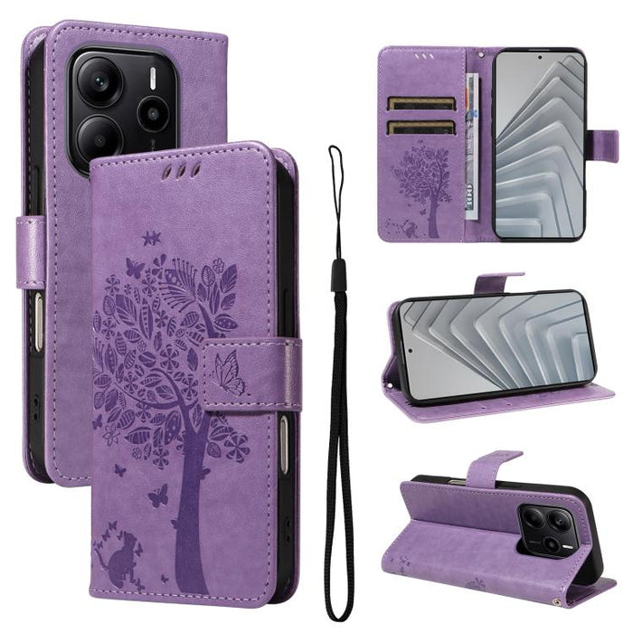 Funda de cuero con tapa para teléfono con estampado en relieve de árbol y gato, For Redmi A5 4G 173.3mm, For Redmi Note 14S 4G / Note 13 Pro 4G, For Redmi K80 / K80 Pro, For Redmi Note 14 4G Global 163.25mm, For Redmi Note 14 5G                        ...