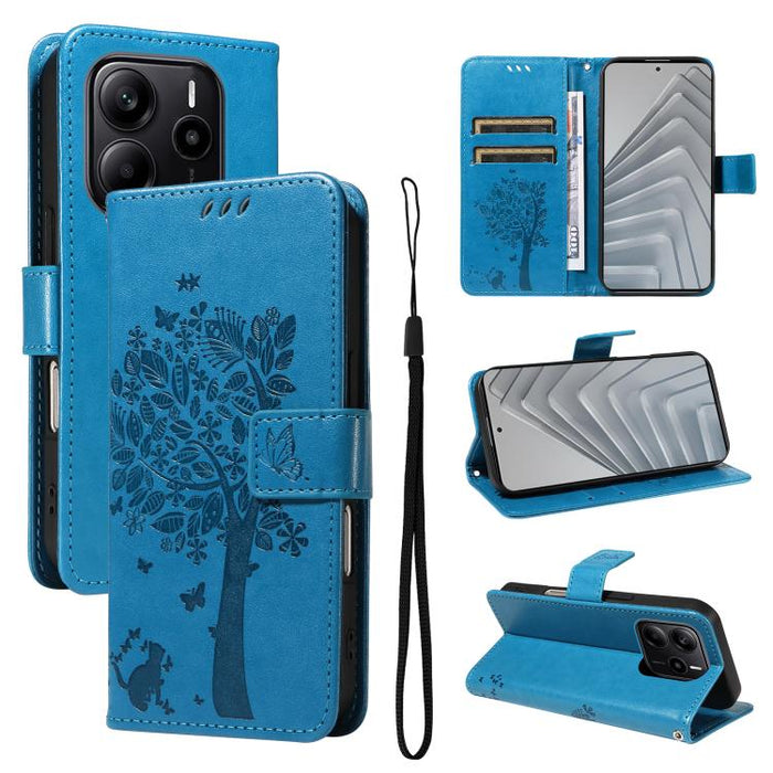 Funda de cuero con tapa para teléfono con estampado en relieve de árbol y gato, For Redmi A5 4G 173.3mm, For Redmi Note 14S 4G / Note 13 Pro 4G, For Redmi K80 / K80 Pro, For Redmi Note 14 4G Global 163.25mm, For Redmi Note 14 5G                        ...