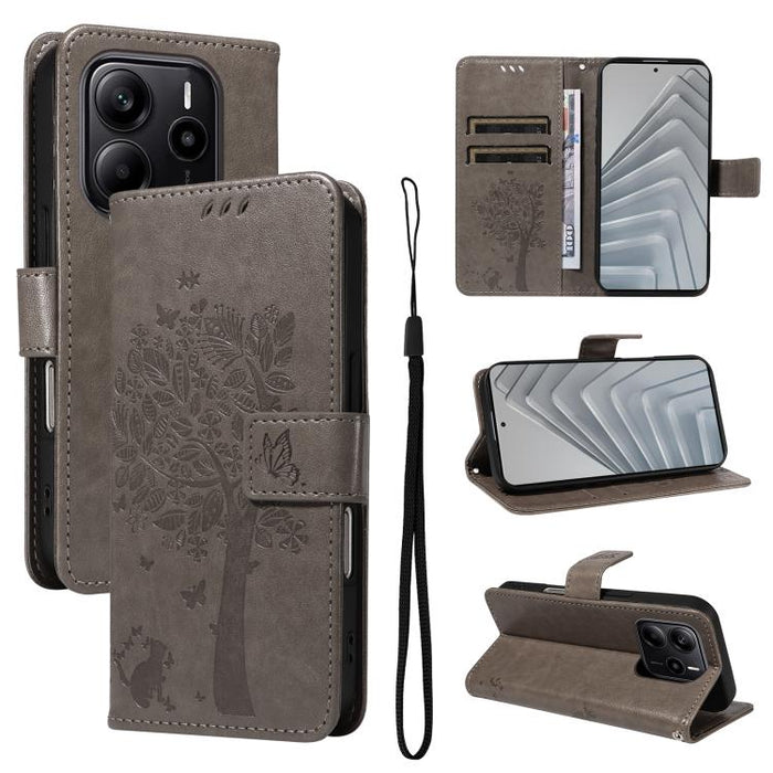 Funda de cuero con tapa para teléfono con estampado en relieve de árbol y gato, For Redmi A5 4G 173.3mm, For Redmi Note 14S 4G / Note 13 Pro 4G, For Redmi K80 / K80 Pro, For Redmi Note 14 4G Global 163.25mm, For Redmi Note 14 5G                        ...