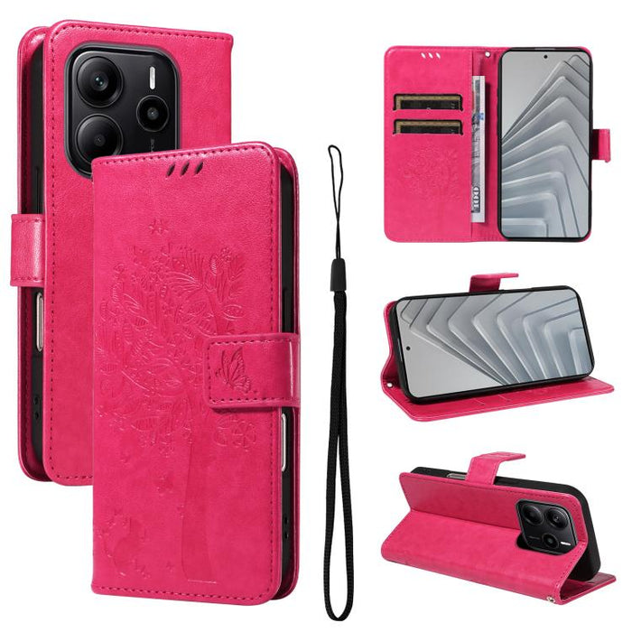 Funda de cuero con tapa para teléfono con estampado en relieve de árbol y gato, For Redmi A5 4G 173.3mm, For Redmi Note 14S 4G / Note 13 Pro 4G, For Redmi K80 / K80 Pro, For Redmi Note 14 4G Global 163.25mm, For Redmi Note 14 5G                        ...