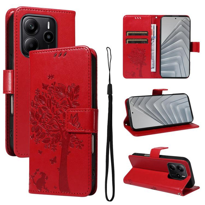 Funda de cuero con tapa para teléfono con estampado en relieve de árbol y gato, For Redmi A5 4G 173.3mm, For Redmi Note 14S 4G / Note 13 Pro 4G, For Redmi K80 / K80 Pro, For Redmi Note 14 4G Global 163.25mm, For Redmi Note 14 5G                        ...