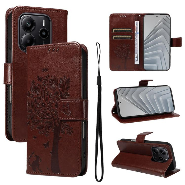 Funda de cuero con tapa para teléfono con estampado en relieve de árbol y gato, For Redmi A5 4G 173.3mm, For Redmi Note 14S 4G / Note 13 Pro 4G, For Redmi K80 / K80 Pro, For Redmi Note 14 4G Global 163.25mm, For Redmi Note 14 5G                        ...