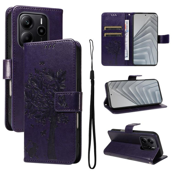 Funda de cuero con tapa para teléfono con estampado en relieve de árbol y gato, For Redmi A5 4G 173.3mm, For Redmi Note 14S 4G / Note 13 Pro 4G, For Redmi K80 / K80 Pro, For Redmi Note 14 4G Global 163.25mm, For Redmi Note 14 5G                        ...