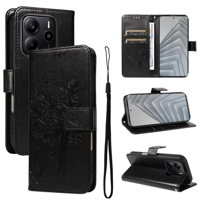Funda de cuero con tapa para teléfono con estampado en relieve de árbol y gato, For Redmi A5 4G 173.3mm, For Redmi Note 14S 4G / Note 13 Pro 4G, For Redmi K80 / K80 Pro, For Redmi Note 14 4G Global 163.25mm, For Redmi Note 14 5G                        ...