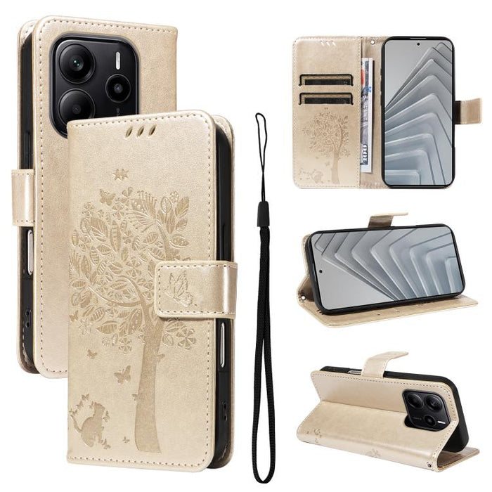 Funda de cuero con tapa para teléfono con estampado en relieve de árbol y gato, For Redmi A5 4G 173.3mm, For Redmi Note 14S 4G / Note 13 Pro 4G, For Redmi K80 / K80 Pro, For Redmi Note 14 4G Global 163.25mm, For Redmi Note 14 5G                        ...