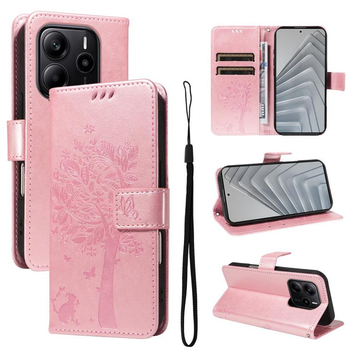 Funda de cuero con tapa para teléfono con estampado en relieve de árbol y gato, For Redmi A5 4G 173.3mm, For Redmi Note 14S 4G / Note 13 Pro 4G, For Redmi K80 / K80 Pro, For Redmi Note 14 4G Global 163.25mm, For Redmi Note 14 5G                        ...