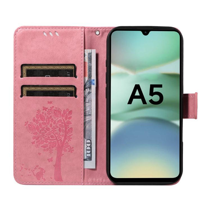 Funda de cuero con tapa para teléfono con estampado en relieve de árbol y gato, For Redmi A5 4G 173.3mm, For Redmi Note 14S 4G / Note 13 Pro 4G, For Redmi K80 / K80 Pro, For Redmi Note 14 4G Global 163.25mm, For Redmi Note 14 5G                        ...