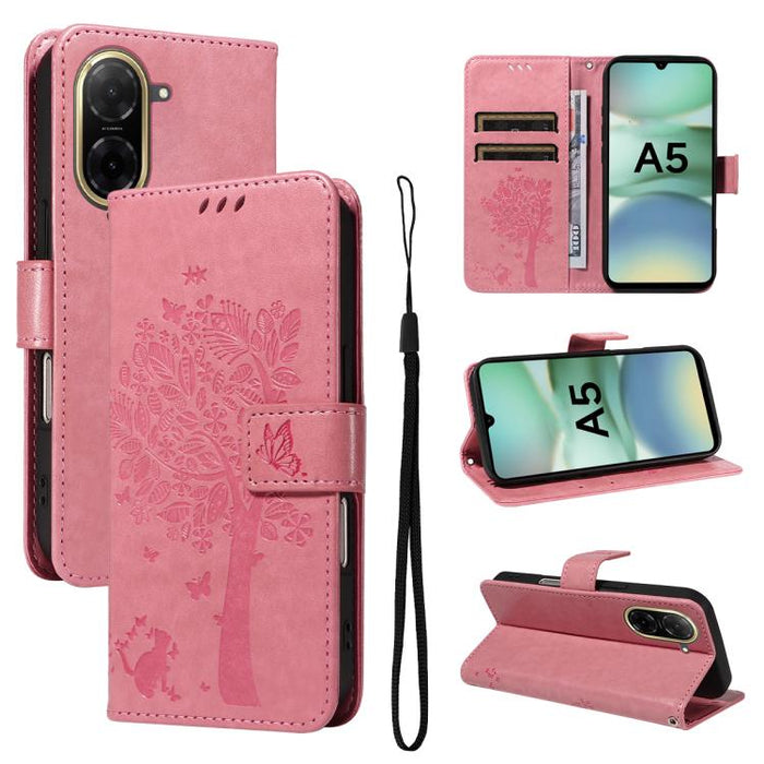 Funda de cuero con tapa para teléfono con estampado en relieve de árbol y gato, For Redmi A5 4G 173.3mm, For Redmi Note 14S 4G / Note 13 Pro 4G, For Redmi K80 / K80 Pro, For Redmi Note 14 4G Global 163.25mm, For Redmi Note 14 5G                        ...