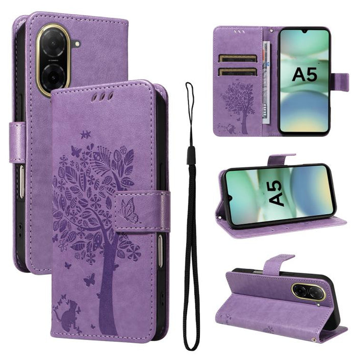 Funda de cuero con tapa para teléfono con estampado en relieve de árbol y gato, For Redmi A5 4G 173.3mm, For Redmi Note 14S 4G / Note 13 Pro 4G, For Redmi K80 / K80 Pro, For Redmi Note 14 4G Global 163.25mm, For Redmi Note 14 5G                        ...
