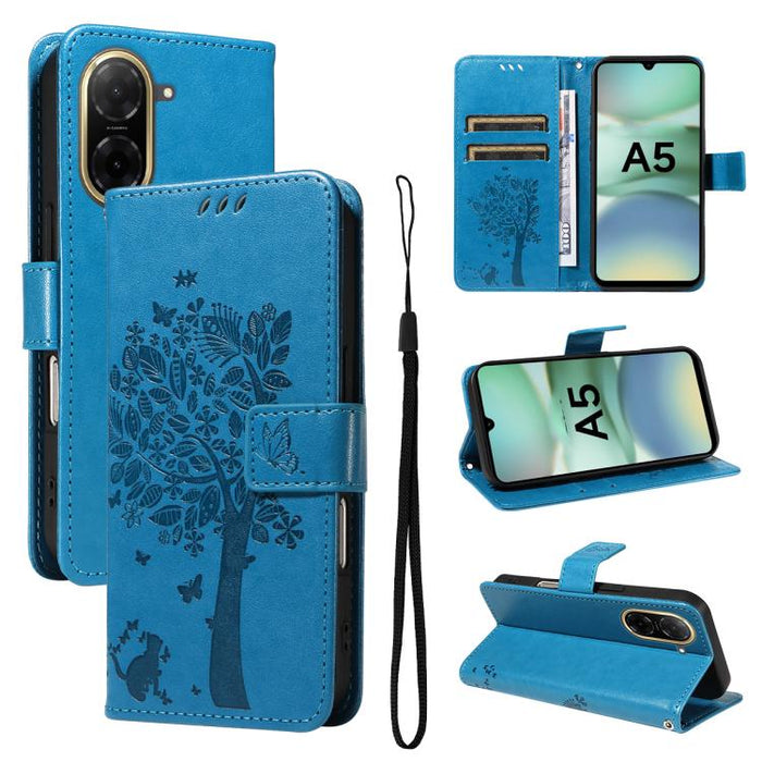 Funda de cuero con tapa para teléfono con estampado en relieve de árbol y gato, For Redmi A5 4G 173.3mm, For Redmi Note 14S 4G / Note 13 Pro 4G, For Redmi K80 / K80 Pro, For Redmi Note 14 4G Global 163.25mm, For Redmi Note 14 5G                        ...