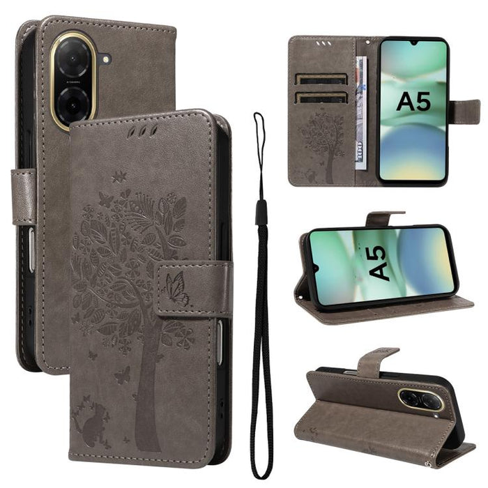 Funda de cuero con tapa para teléfono con estampado en relieve de árbol y gato, For Redmi A5 4G 173.3mm, For Redmi Note 14S 4G / Note 13 Pro 4G, For Redmi K80 / K80 Pro, For Redmi Note 14 4G Global 163.25mm, For Redmi Note 14 5G                        ...