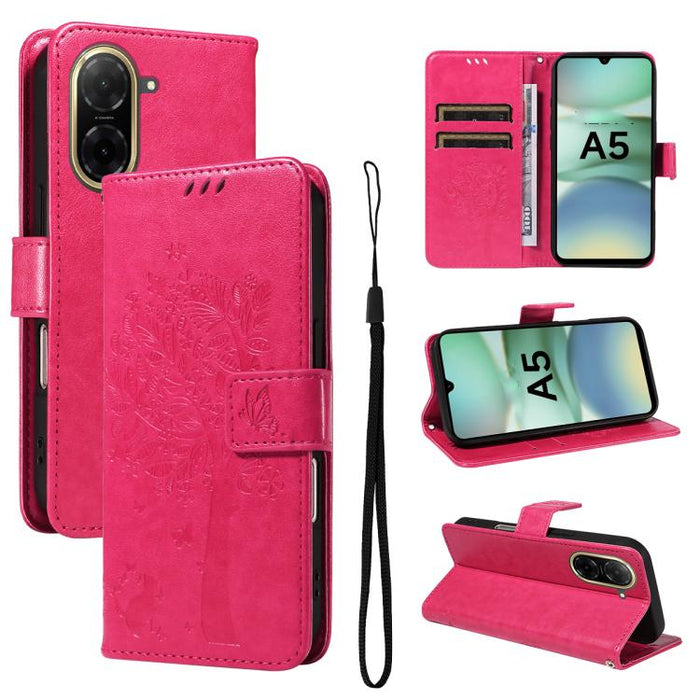 Funda de cuero con tapa para teléfono con estampado en relieve de árbol y gato, For Redmi A5 4G 173.3mm, For Redmi Note 14S 4G / Note 13 Pro 4G, For Redmi K80 / K80 Pro, For Redmi Note 14 4G Global 163.25mm, For Redmi Note 14 5G                        ...