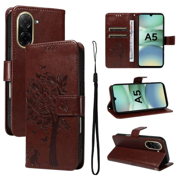 Funda de cuero con tapa para teléfono con estampado en relieve de árbol y gato, For Redmi A5 4G 173.3mm, For Redmi Note 14S 4G / Note 13 Pro 4G, For Redmi K80 / K80 Pro, For Redmi Note 14 4G Global 163.25mm, For Redmi Note 14 5G                        ...