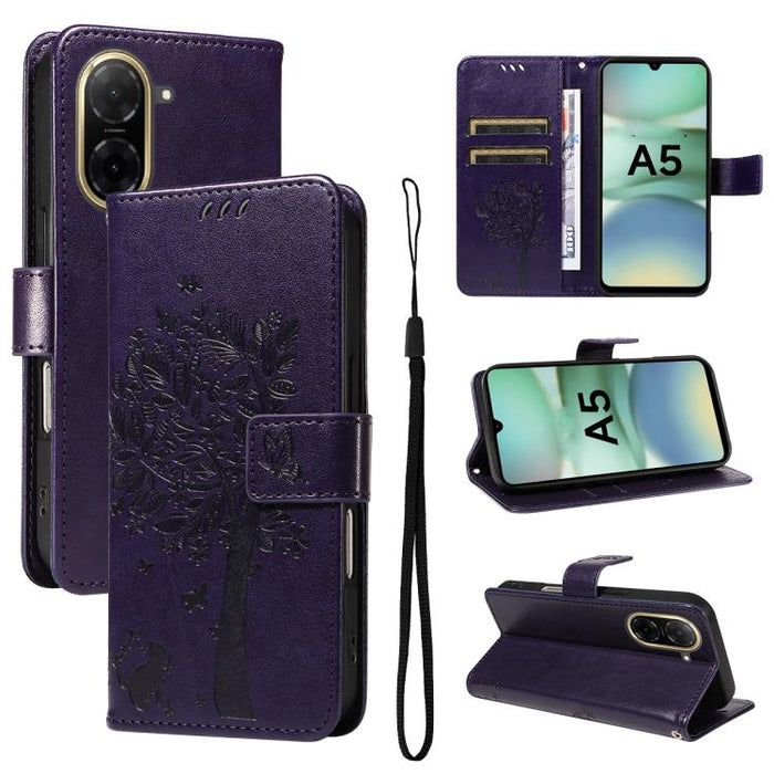 Funda de cuero con tapa para teléfono con estampado en relieve de árbol y gato, For Redmi A5 4G 173.3mm, For Redmi Note 14S 4G / Note 13 Pro 4G, For Redmi K80 / K80 Pro, For Redmi Note 14 4G Global 163.25mm, For Redmi Note 14 5G                        ...