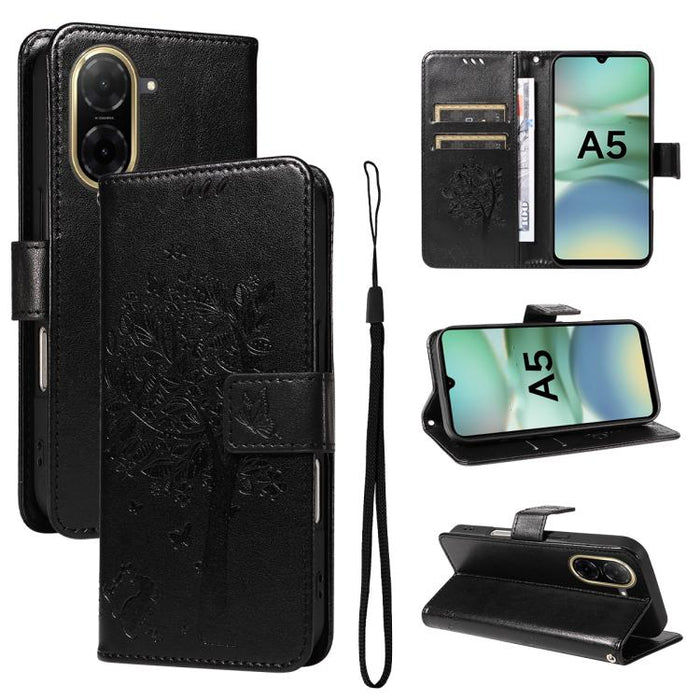 Funda de cuero con tapa para teléfono con estampado en relieve de árbol y gato, For Redmi A5 4G 173.3mm, For Redmi Note 14S 4G / Note 13 Pro 4G, For Redmi K80 / K80 Pro, For Redmi Note 14 4G Global 163.25mm, For Redmi Note 14 5G                        ...