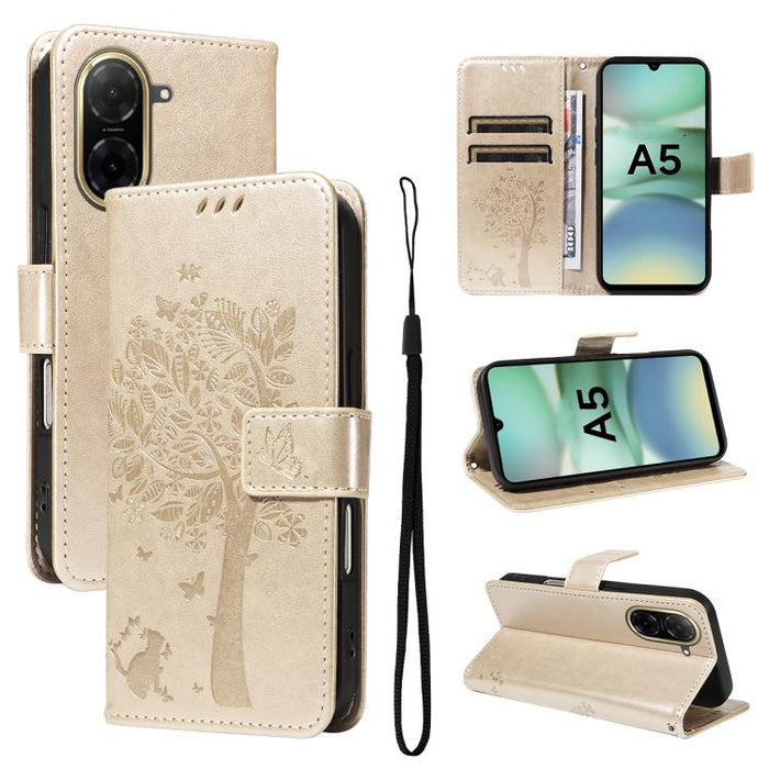 Funda de cuero con tapa para teléfono con estampado en relieve de árbol y gato, For Redmi A5 4G 173.3mm, For Redmi Note 14S 4G / Note 13 Pro 4G, For Redmi K80 / K80 Pro, For Redmi Note 14 4G Global 163.25mm, For Redmi Note 14 5G                        ...
