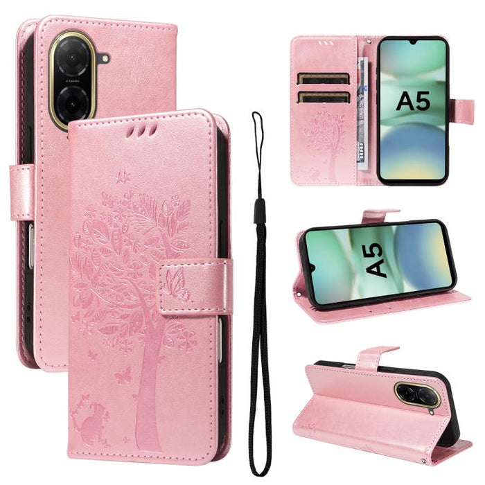 Funda de cuero con tapa para teléfono con estampado en relieve de árbol y gato, For Redmi A5 4G 173.3mm, For Redmi Note 14S 4G / Note 13 Pro 4G, For Redmi K80 / K80 Pro, For Redmi Note 14 4G Global 163.25mm, For Redmi Note 14 5G                        ...