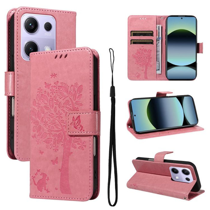 Funda de cuero con tapa para teléfono con estampado en relieve de árbol y gato, For Redmi A5 4G 173.3mm, For Redmi Note 14S 4G / Note 13 Pro 4G, For Redmi K80 / K80 Pro, For Redmi Note 14 4G Global 163.25mm, For Redmi Note 14 5G                        ...