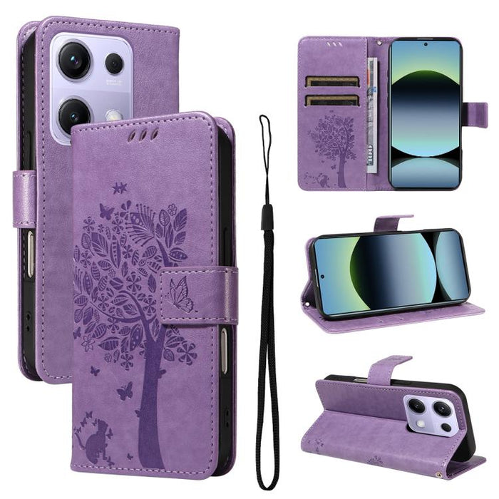 Funda de cuero con tapa para teléfono con estampado en relieve de árbol y gato, For Redmi A5 4G 173.3mm, For Redmi Note 14S 4G / Note 13 Pro 4G, For Redmi K80 / K80 Pro, For Redmi Note 14 4G Global 163.25mm, For Redmi Note 14 5G                        ...