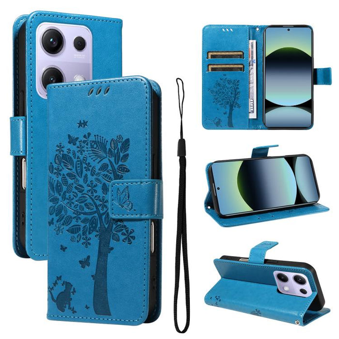 Funda de cuero con tapa para teléfono con estampado en relieve de árbol y gato, For Redmi A5 4G 173.3mm, For Redmi Note 14S 4G / Note 13 Pro 4G, For Redmi K80 / K80 Pro, For Redmi Note 14 4G Global 163.25mm, For Redmi Note 14 5G                        ...