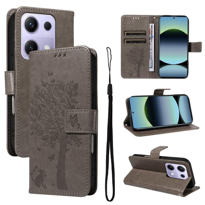 Funda de cuero con tapa para teléfono con estampado en relieve de árbol y gato, For Redmi A5 4G 173.3mm, For Redmi Note 14S 4G / Note 13 Pro 4G, For Redmi K80 / K80 Pro, For Redmi Note 14 4G Global 163.25mm, For Redmi Note 14 5G                        ...
