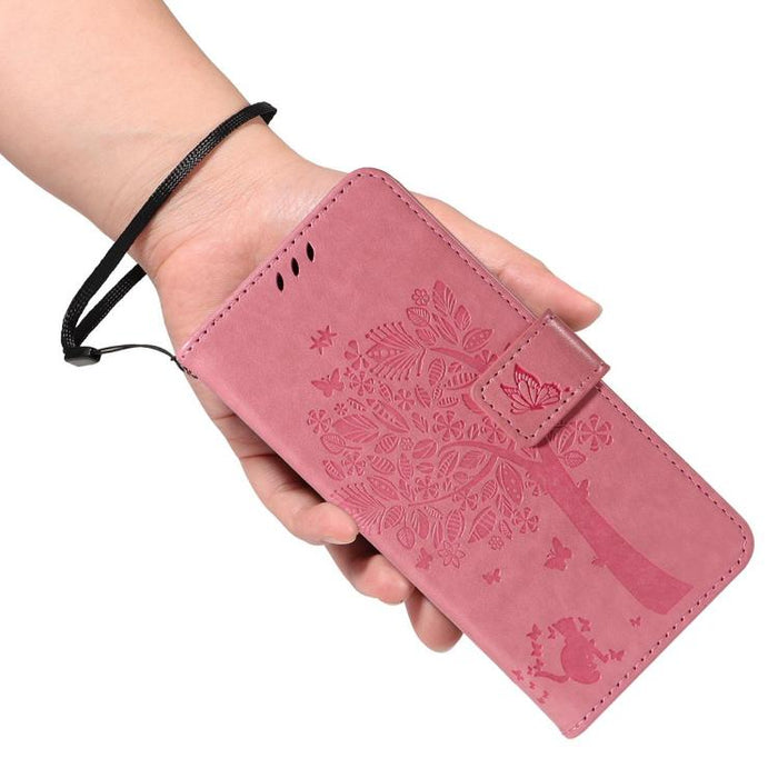 Funda de cuero con tapa para teléfono con estampado en relieve de árbol y gato, For Redmi A5 4G 173.3mm, For Redmi Note 14S 4G / Note 13 Pro 4G, For Redmi K80 / K80 Pro, For Redmi Note 14 4G Global 163.25mm, For Redmi Note 14 5G                        ...