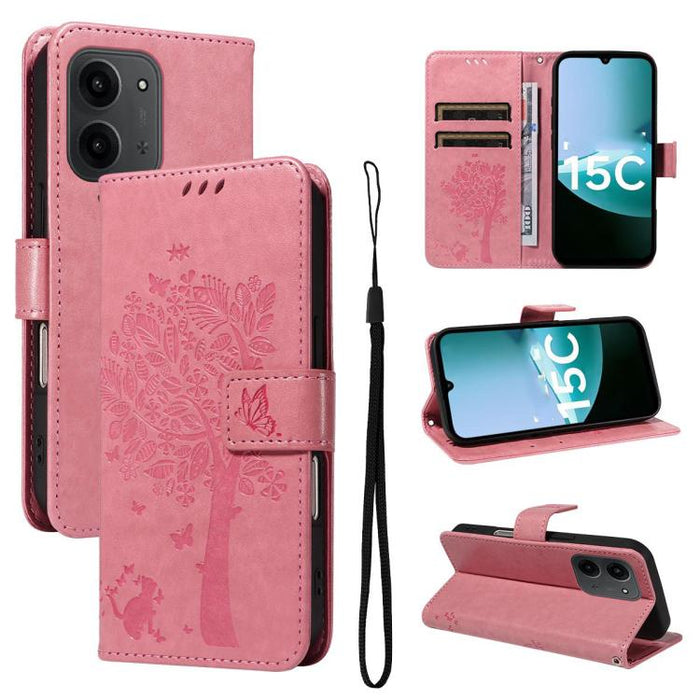 Funda de cuero con tapa para teléfono con estampado en relieve de árbol y gato, For Redmi A5 4G 173.3mm, For Redmi Note 14S 4G / Note 13 Pro 4G, For Redmi K80 / K80 Pro, For Redmi Note 14 4G Global 163.25mm, For Redmi Note 14 5G                        ...