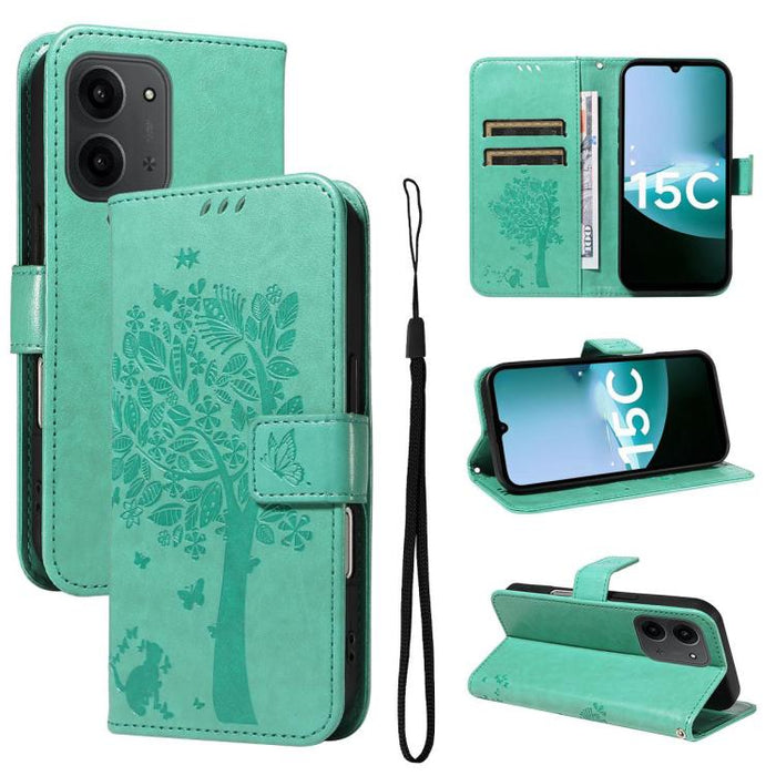 Funda de cuero con tapa para teléfono con estampado en relieve de árbol y gato, For Redmi A5 4G 173.3mm, For Redmi Note 14S 4G / Note 13 Pro 4G, For Redmi K80 / K80 Pro, For Redmi Note 14 4G Global 163.25mm, For Redmi Note 14 5G                        ...