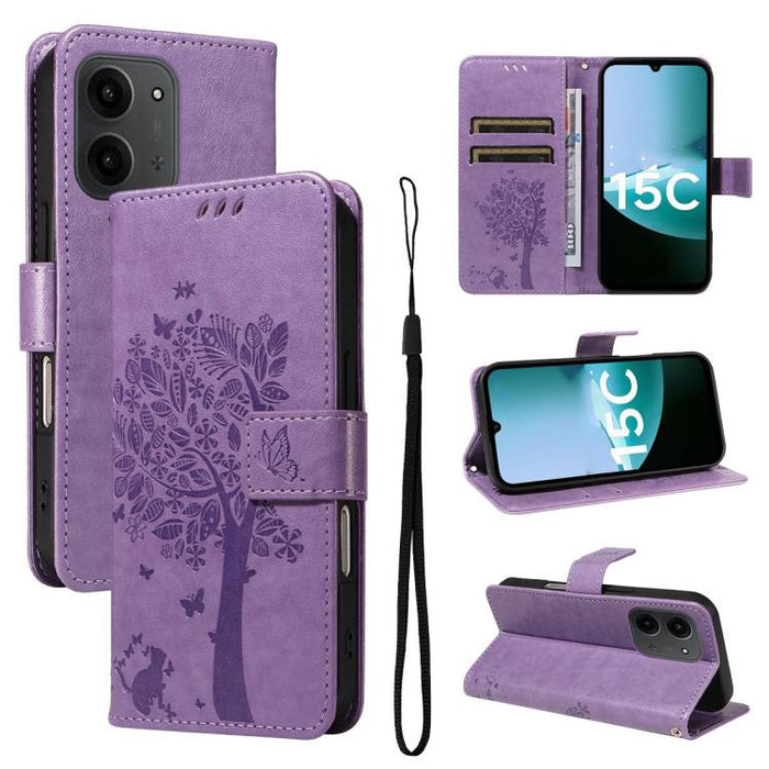 Funda de cuero con tapa para teléfono con estampado en relieve de árbol y gato, For Redmi A5 4G 173.3mm, For Redmi Note 14S 4G / Note 13 Pro 4G, For Redmi K80 / K80 Pro, For Redmi Note 14 4G Global 163.25mm, For Redmi Note 14 5G                        ...