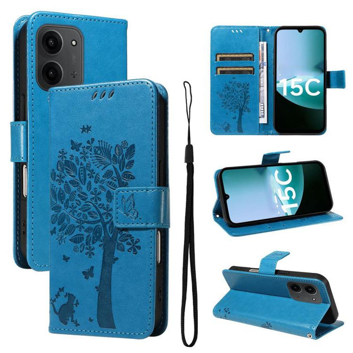 Funda de cuero con tapa para teléfono con estampado en relieve de árbol y gato, For Redmi A5 4G 173.3mm, For Redmi Note 14S 4G / Note 13 Pro 4G, For Redmi K80 / K80 Pro, For Redmi Note 14 4G Global 163.25mm, For Redmi Note 14 5G                        ...
