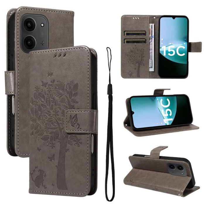 Funda de cuero con tapa para teléfono con estampado en relieve de árbol y gato, For Redmi A5 4G 173.3mm, For Redmi Note 14S 4G / Note 13 Pro 4G, For Redmi K80 / K80 Pro, For Redmi Note 14 4G Global 163.25mm, For Redmi Note 14 5G                        ...