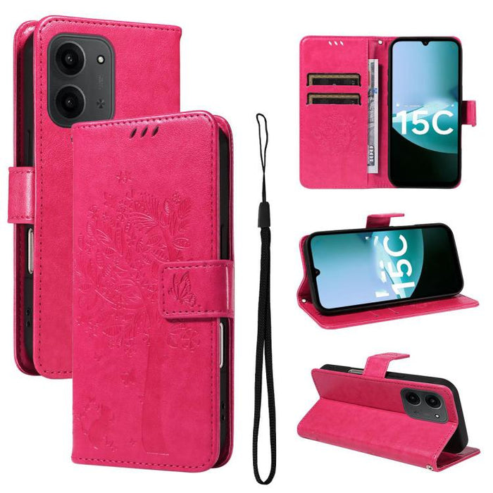 Funda de cuero con tapa para teléfono con estampado en relieve de árbol y gato, For Redmi A5 4G 173.3mm, For Redmi Note 14S 4G / Note 13 Pro 4G, For Redmi K80 / K80 Pro, For Redmi Note 14 4G Global 163.25mm, For Redmi Note 14 5G                        ...