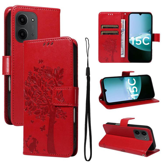 Funda de cuero con tapa para teléfono con estampado en relieve de árbol y gato, For Redmi A5 4G 173.3mm, For Redmi Note 14S 4G / Note 13 Pro 4G, For Redmi K80 / K80 Pro, For Redmi Note 14 4G Global 163.25mm, For Redmi Note 14 5G                        ...