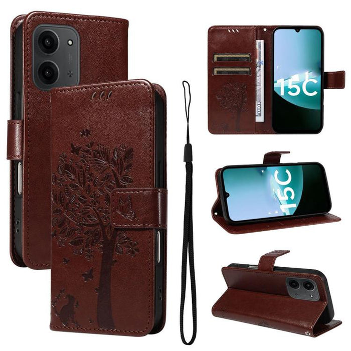 Funda de cuero con tapa para teléfono con estampado en relieve de árbol y gato, For Redmi A5 4G 173.3mm, For Redmi Note 14S 4G / Note 13 Pro 4G, For Redmi K80 / K80 Pro, For Redmi Note 14 4G Global 163.25mm, For Redmi Note 14 5G                        ...