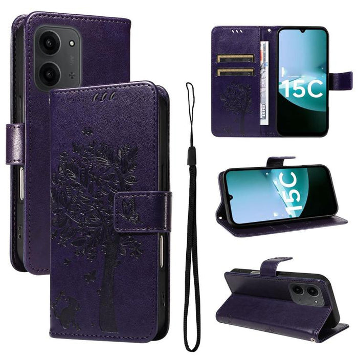 Funda de cuero con tapa para teléfono con estampado en relieve de árbol y gato, For Redmi A5 4G 173.3mm, For Redmi Note 14S 4G / Note 13 Pro 4G, For Redmi K80 / K80 Pro, For Redmi Note 14 4G Global 163.25mm, For Redmi Note 14 5G                        ...