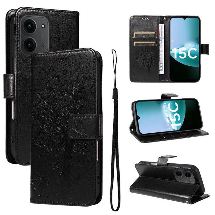 Funda de cuero con tapa para teléfono con estampado en relieve de árbol y gato, For Redmi A5 4G 173.3mm, For Redmi Note 14S 4G / Note 13 Pro 4G, For Redmi K80 / K80 Pro, For Redmi Note 14 4G Global 163.25mm, For Redmi Note 14 5G                        ...